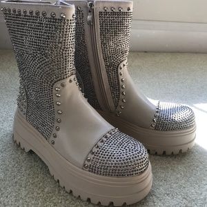 New Dolls Kill combat platform stud and rhinestone boots